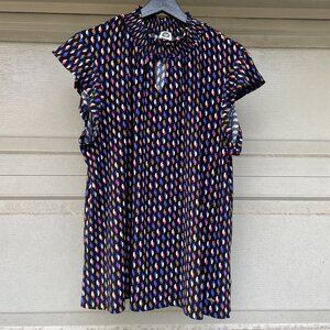 Anne Klein XL Blouse Black Geometric Mod Print Smocked Neck Flutter Sleeve Blue